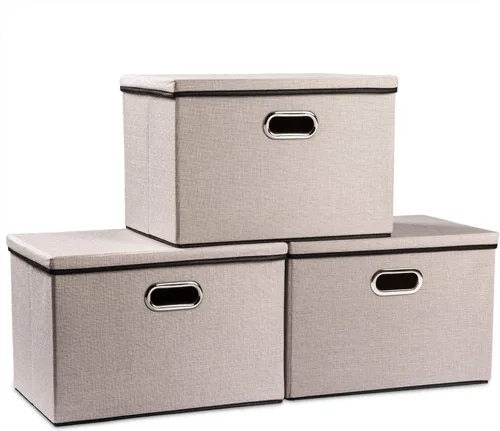 Vista 34 de PRANDOM Contenedores de almacenamiento con tapas [paquete de 3] cajas de almacenamiento plegables de tela de lino, canastas organizadoras, cubos