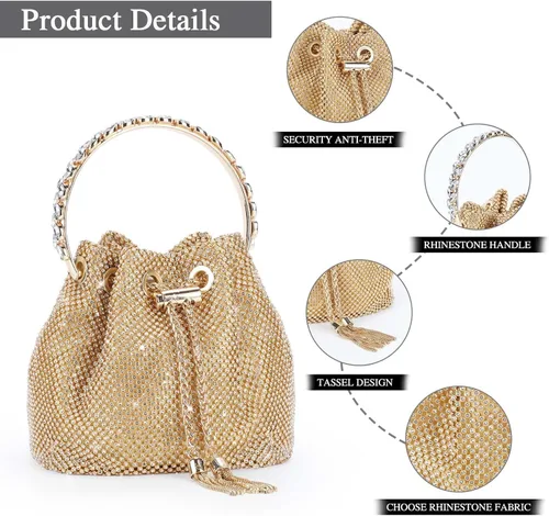 Vista 5 de Bolso de mano con diamantes de imitación para mujer, bolso de noche con diamantes brillantes, mini bolso de mano con purpurina para fiesta de noche