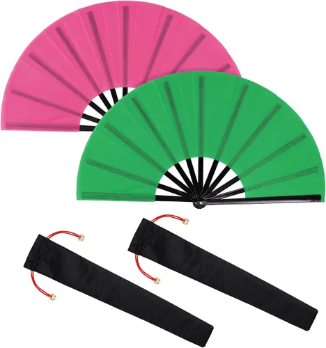 Vista 9 de Nydotd Paquete de 2 ventiladores plegables de mano grandes para fanáticos rave, tela de nailon plegable con funda de soporte para hombres y mujeres