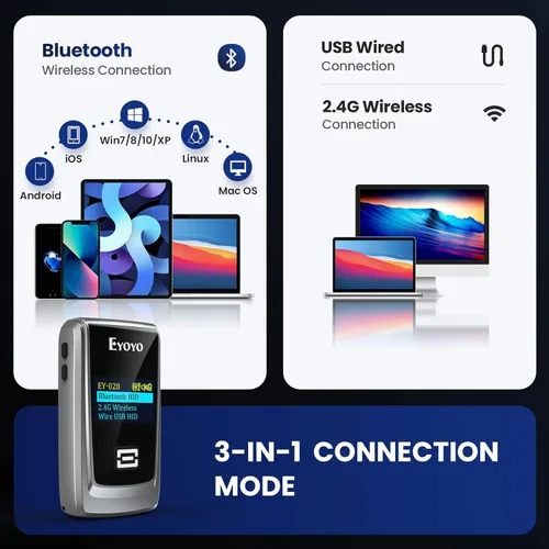 Vista 8 de Eyoyo Escáner de código QR con pantalla LCD, mini escáner de código de barras Bluetooth portátil, escáner de código de barras de libro inalámbrico