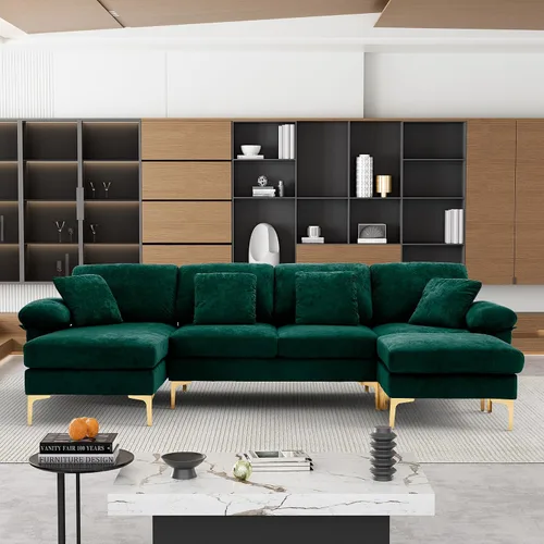 Vista 12 de OUYESSIR Sofá modular en forma de L, sofá de terciopelo de 3 plazas con otomana y almohadas, cómodo sofá cama tapizado para sala de estar, Verde