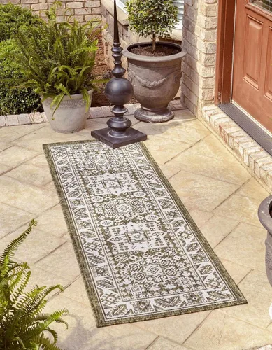 Vista 18 de Unique Loom Outdoor Aztec Collection Alfombra de área, Chalca (5 pies 3 pulgadas, octágono, aguamarina/marfil)