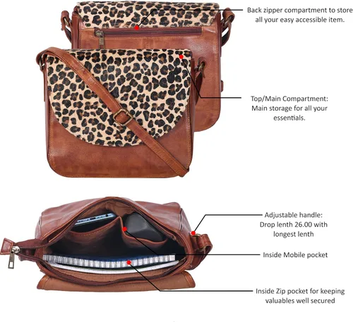 Vista 5 de Bolso bandolera de cuero genuino para mujer con correa ajustable, bolsillo móvil y cremallera exterior e