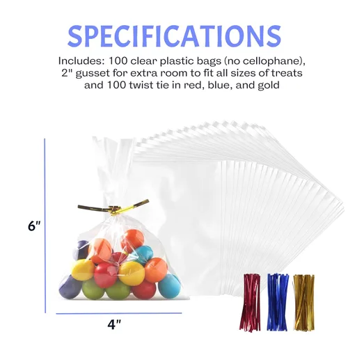 Vista 4 de Bolsas transparentes (paquete de 200) – Bolsas de regalo de plástico transparente de 4 x 6 pulgadas con lazos giratorios de 4 pulgadas, 3