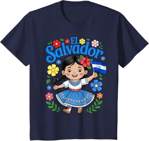 Vista 41 de Camiseta de estilo tradicional floral para niña con la bandera de El Salvador