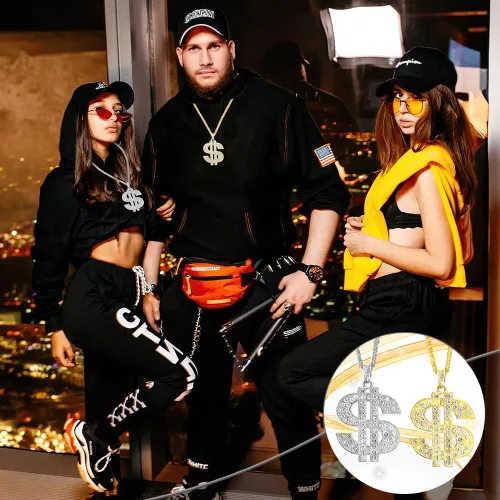 Vista 4 de Hip Hop Cadena de oro larga chapada en oro, accesorios para hombre, collares con signo de dólar, collar de dinero, cadena de oro falsa