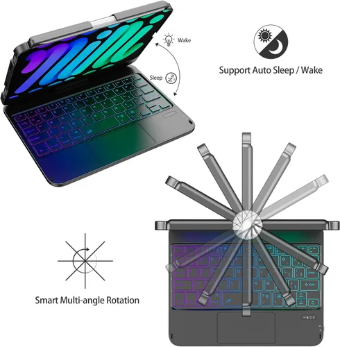 Vista 9 de FUWANG Funda con teclado y panel táctil para iPad mini 7 A17 Pro 2024 y Mini de 6ª generación 2021 de 8.3 pulgadas - Teclado retroiluminado de 7