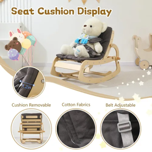 Vista 3 de Mecedora de Bebé de Madera Ajustable 3 en 1, Silla Mecedora de Diseño Ergonómico con Cojín Extraíble, Cinturón de Seguridad y Elevador, Reclinable