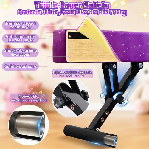 Vista 3 de FC Funcheer - Viga de equilibrio ajustable para niños - Viga de gimnasia de 8 pies - Viga de piso alto y bajo para todos los niveles de gimnasia