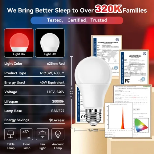 Vista 2 de Neporal Bombillas de Luz Roja de 625nm 3W para Dormir, Bombillas de Bloqueo 100% de Luz Azul para Promover la Melatonina, Bombilla LED A19