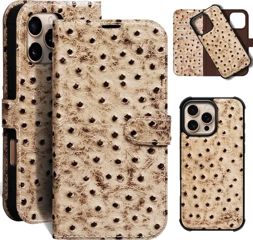 Vista 38 de Funda de cuero compatible con iPhone 16 Pro Max Cartera 6.9", cuero genuino 2 en 1, magnética, desmontable, a prueba de golpes, funda tipo folio