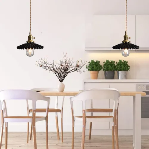 Vista 6 de Lámpara colgante de cerámica negra para isla de cocina, pantalla festoneada de cerámica, estilo granja, vintage, luces colgantes de techo