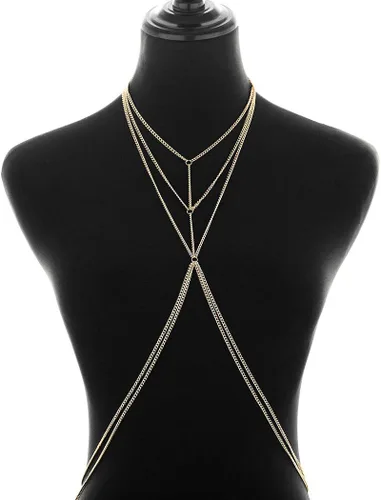 Vista 2 de Bounzhi Arnés de cadena para el cuerpo, sexy, plateado, collar de joyería para el cuerpo, cadenas de bikini para mujeres y niñas (plata)