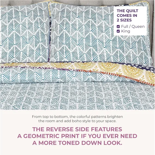 Vista 5 de Lush Decor - Juego de ropa de cama de 3 piezas, colorido diseño bohemio a rayas, reversible