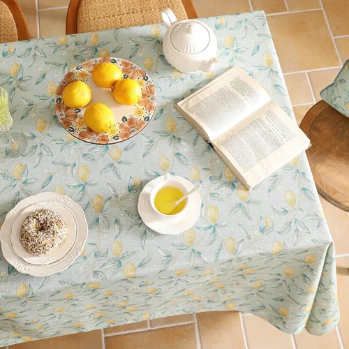 Vista 4 de [Usado] patdrea Mantel largo de lino de diseño verde para mesa rectangular, mantel vintage transpirable con patrón de frutas amarillas, funda