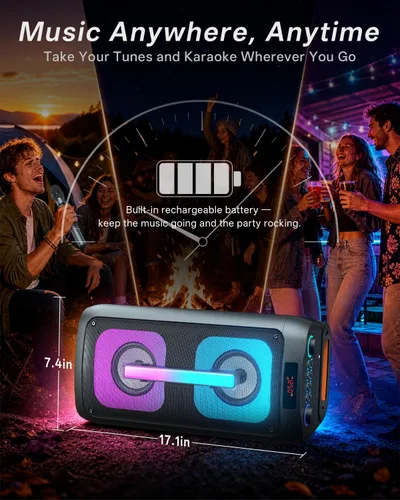 Vista 6 de Máquina de karaoke con 2 micrófonos inalámbricos, sistema PA portátil con luces LED, Bluetoot 5.3, altavoz de fiesta compatible con tipo C, USB