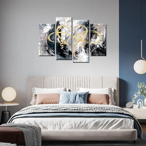 Vista 3 de iHAPPYWALL Lienzo de 4 paneles con diseño de corazón infinito, arte abstracto de amor eterno, geométrico, gris y dorado, para dormitorio, sala