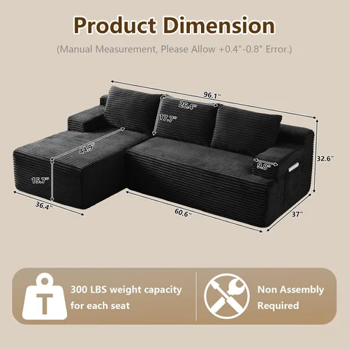Vista 2 de Sofá seccional Cloud de 96 pulgadas, sofá deshuesado para sala de estar, sofá modular con asiento profundo, sofá de pana cómodo y esponjoso con Negro