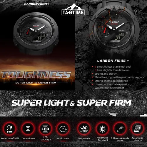 Vista 4 de Reloj táctico para hombres y mujeres, estilo militar, deportivo, digital, con hora mundial y 5 alarmas, hecho de fibra de carbono y retroiluminación