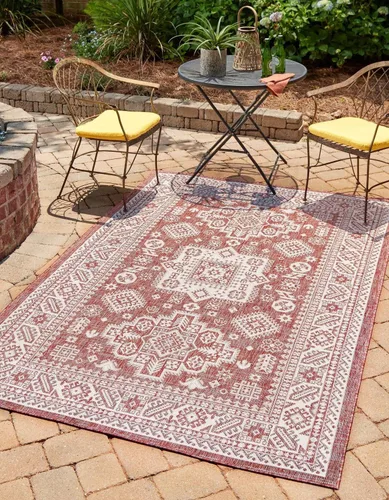 Vista 20 de Unique Loom Outdoor Aztec Collection Alfombra de área, Chalca (5 pies 3 pulgadas, octágono, aguamarina/marfil)