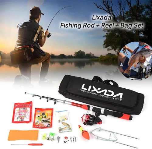 Vista 3 de Kit completo de carrete de caña de pescar con 2 cañas de pescar telescópicas de 6.9 ft, 2 carretes de señuelos de pesca ganchos accesorios bolsa