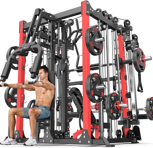 Vista 20 de Rack Multiusos para Sentadillas, Conjunto de Rack de Pesas Smith Machine con Sistema de Crossover de Cables, Racks de Potencia para Gimnasio