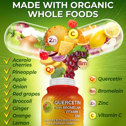 Vista 3 de Quercetina con bromelina, vitamina C y zinc + vitamina C liposomal de 1500 mg – Paquete de apoyo inmunológico con cereza de acerola orgánica, Camu