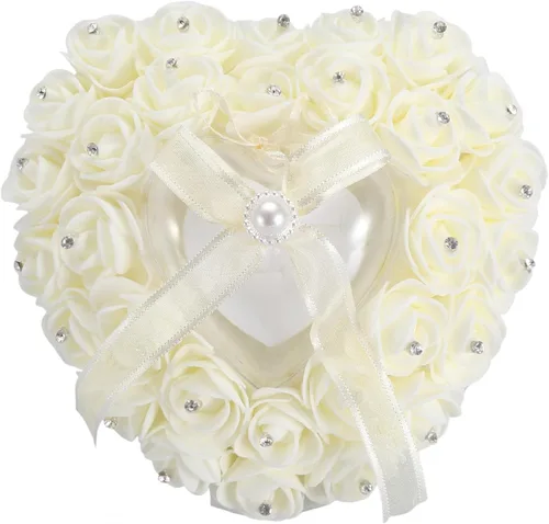 Vista 3 de GOTOTOP Almohada de boda, romántica de encaje de cristal rosa de boda en forma de corazón, cojín con cinta perla ceremonia de boda (blanco lechoso)