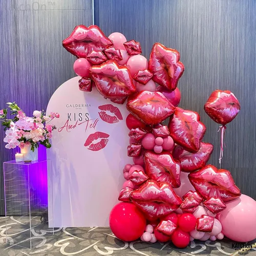 Vista 8 de KatchOn, Red Lip Balloons Set - Large 30 Inch, Pack of 4 Happy Valentines Day Banner - XtraLarge 72x44 Inch Glitter Red Hanging Heart Swirls