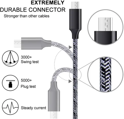 Vista 3 de Samsung Galaxy S6 S7 J3 J7 Note 5, LG Stylo 2 3 Plus, tableta, Kindle Fire cable de carga micro USB de 6 pies con carga rápida y enchufe de bloque
