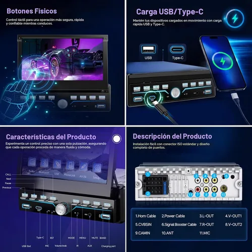 Vista 9 de Estéreo de Coche Individual DIN Apple Carplay y Android Auto 1 DIN 7 Pulgadas Pantalla Táctil Abatible Radio de Coche con Bluetooth y Micrófono