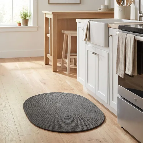 Vista 3 de Super Area Rugs Alfombra trenzada gris pequeña para puerta – Tejido lavable para fregadero de cocina, tapete gris sólido, ovalado, 20 x 30 pulgadas