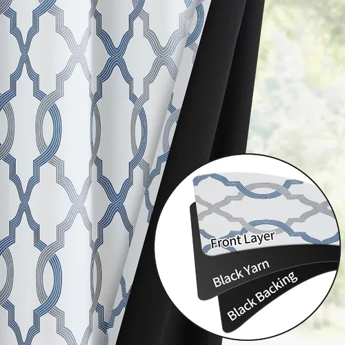 Vista 3 de [Usado] Cortinas 100% blackout, de 63 pulgadas de largo, para dormitorio, azul gris con estampado geométrico marroquí en blanco, cortinas