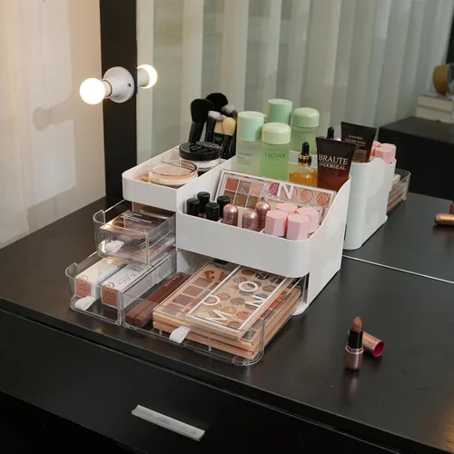 Vista 6 de KLGO Organizador de maquillaje y almacenamiento de cosméticos con 3 cajones transparentes, organizador de cuidado de la piel para baño, soporte