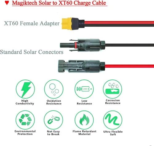Vista 2 de Cable de extensión de carga solar a XT60, conector solar de 12 pies a XT60, cable adaptador para puerto de entrada XT60, estación de energía