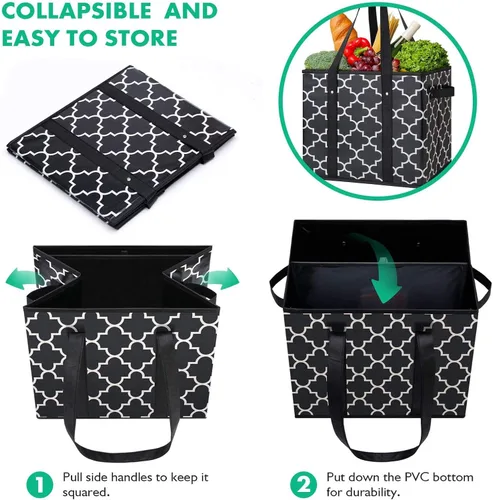 Vista 5 de Bolsas reutilizables para comestibles, paquete de 2 unidades, plegable, lavable, cesta de almacenamiento grande, color negro Contenedores