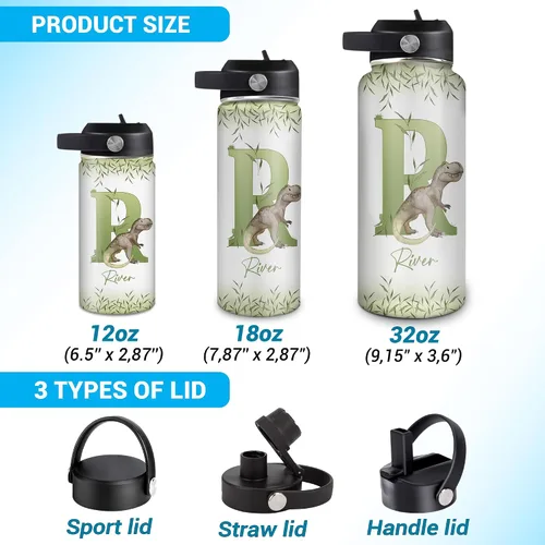 Vista 5 de Hyturtle Botella de agua personalizada de dinosaurio, botella de acero inoxidable aislada de viaje con tapa a prueba de fugas, 18 onzas, 32 onzas