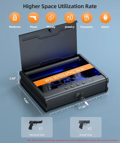 Vista 8 de PINEWORLD Caja fuerte para armas, caja de seguridad biométrica para pistola, caja fuerte para pistola con teclado retroiluminado de huellas