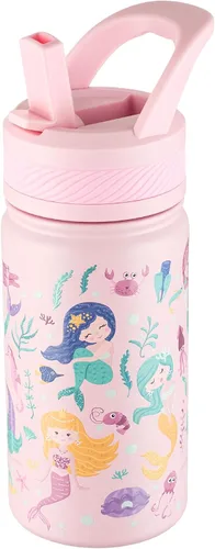Vista 32 de Fanhaw Botella de agua aislada para niños de 14 onzas con tapa de pajita – Acero inoxidable de doble pared al vacío, a prueba de fugas, botellas