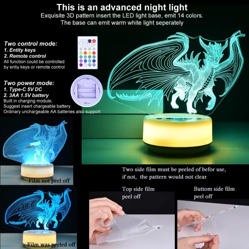 Vista 7 de Luz nocturna de dragón para niños, regalo de dragón para niños y adultos, lámpara de noche decorativa para dormitorio/oficina, 5 botones y control