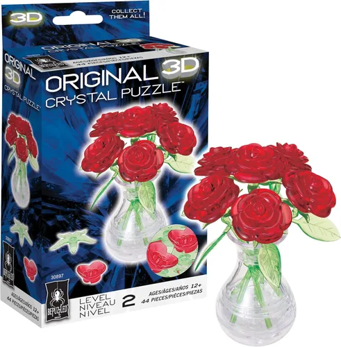 Vista 9 de BePuzzled Rompecabezas original de cristal 3D de Roses in Vase, a partir de 12 años, rosa