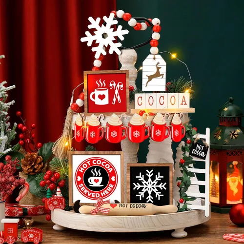 Vista 2 de Spiareal Juego de 15 piezas de decoración de bandeja escalonada de Navidad con chocolate caliente, decoración de mesa de madera, centros de mesa