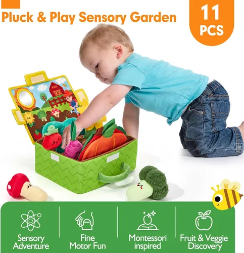 Vista 2 de hahaland Juguetes para bebés de 6 a 12 meses – Frutas Verduras Jardín Planta Granja Peluche 6 Month Old Montessori Sensory Toys Carrot Flower with