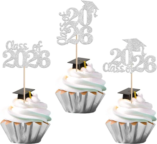 Vista 20 de 24 piezas 2026 temáticas de graduación 2026 decoraciones para cupcakes con purpurina clase de 2026 Diploma Congrats 2026 Tapa de graduación