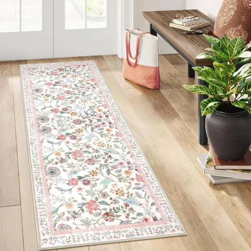 Vista 12 de Rugalia Alfombra de pasillo floral azul, alfombra lavable de 2 x 6 pies para pasillos, antideslizante, suave, de pelo bajo, con flores, pájaros, Rosa
