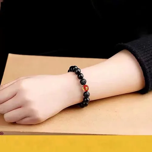 Vista 6 de Pulsera de obsidiana negra, pulsera de obsidiana negra Feng Shui para mujeres, hombres y parejas, hecha a mano con piedra tallada de ojo de tigre