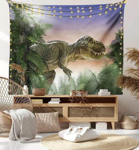 Vista 7 de Ambesonne Tapiz jurásico, dinosaurio en la selva, bosque, naturaleza, bosque, violencia depredadora aterradora, colgante de pared ancho