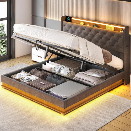 Vista 11 de Ailisite Cama de almacenamiento elevable de tamaño matrimonial, cama de plataforma tapizada con cabecera de almacenamiento con botones capitoné