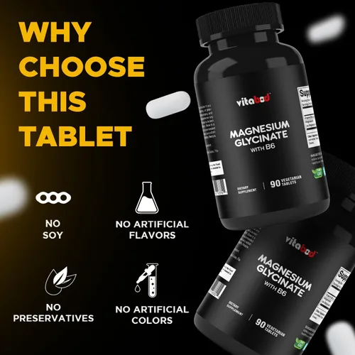 Vista 4 de Vitabod Glicinato de magnesio 1000 mg por porción que proporciona 300 mg de magnesio elemental - 90 tabletas vegetarianas - Forma quelatada - Apoya