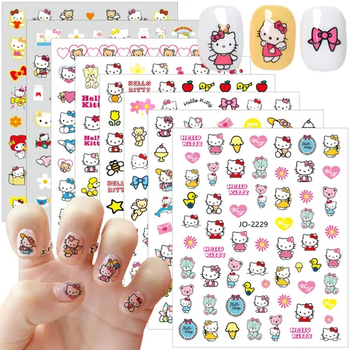 Vista 8 de Calcomanías de uñas bonitas, 8 hojas de calcomanías de uñas de dibujos animados kawaii 3D, autoadhesivas, diseño de gato, dijes de uñas acrílicas